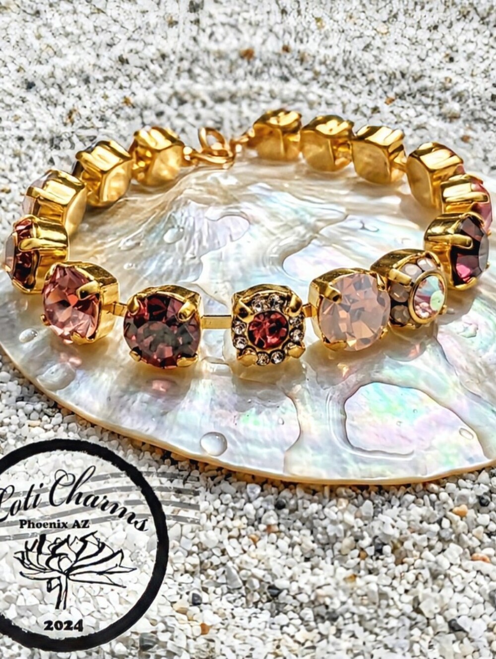 Pink And Pink Flower Crystals In Classic Tennis Gold Plated Bracelet